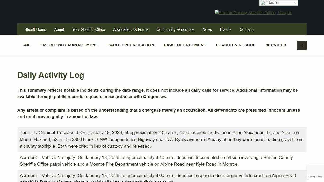 Daily Activity Log - Benton County Sheriff's Office, Oregon